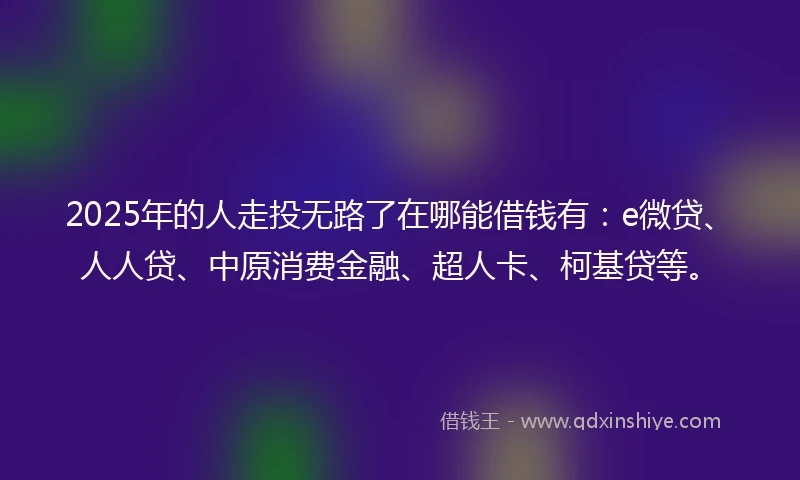 2025年的人走投无路了在哪能借钱有：e微贷、人人贷、中原消费金融、超人卡、柯基贷等。