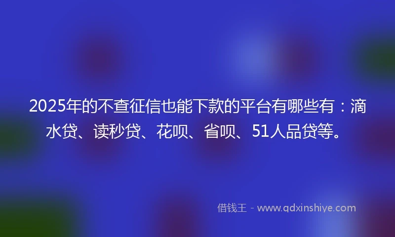 2025年的不查征信也能下款的平台有哪些有：滴水贷、读秒贷、花呗、省呗、51人品贷等。