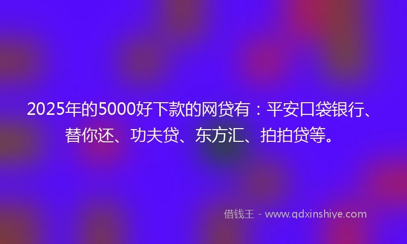 2025年的5000好下款的网贷有:平安口袋银行、替你还、功夫贷、东方汇、拍拍贷等。