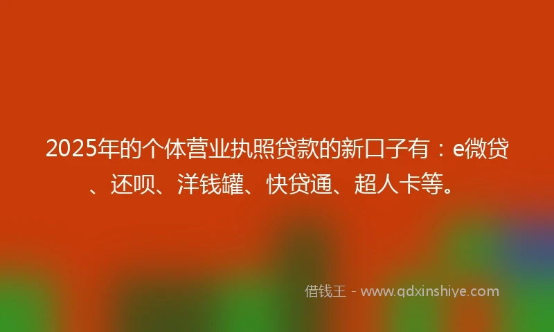 2025年的个体营业执照贷款的新口子有：e微贷、还呗、洋钱罐、快贷通、超人卡等。