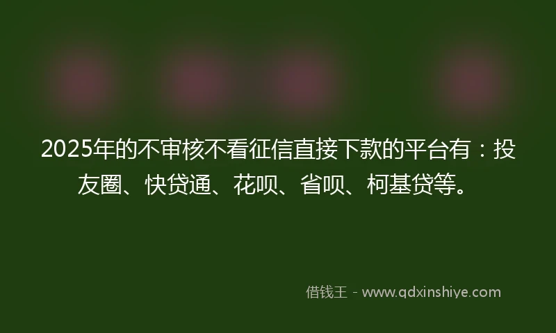2025年的不审核不看征信直接下款的平台有：投友圈、快贷通、花呗、省呗、柯基贷等。