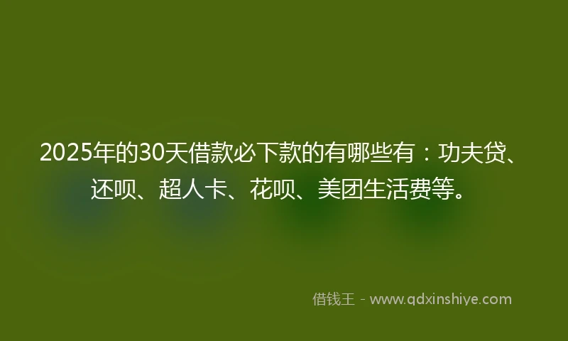 2025年的30天借款必下款的有哪些有：功夫贷、还呗、超人卡、花呗、美团生活费等。