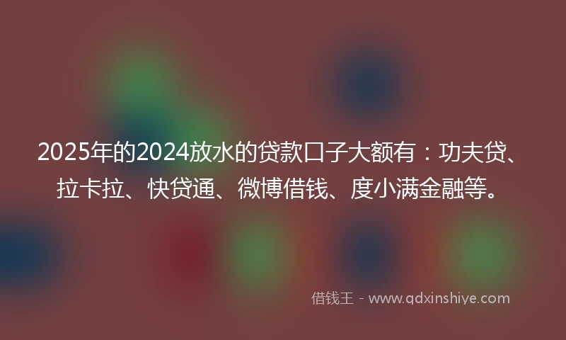 2025年的2024放水的贷款口子大额有：功夫贷、拉卡拉、快贷通、微博借钱、度小满金融等。