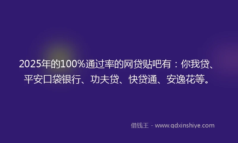 2025年的100%通过率的网贷贴吧有：你我贷、平安口袋银行、功夫贷、快贷通、安逸花等。