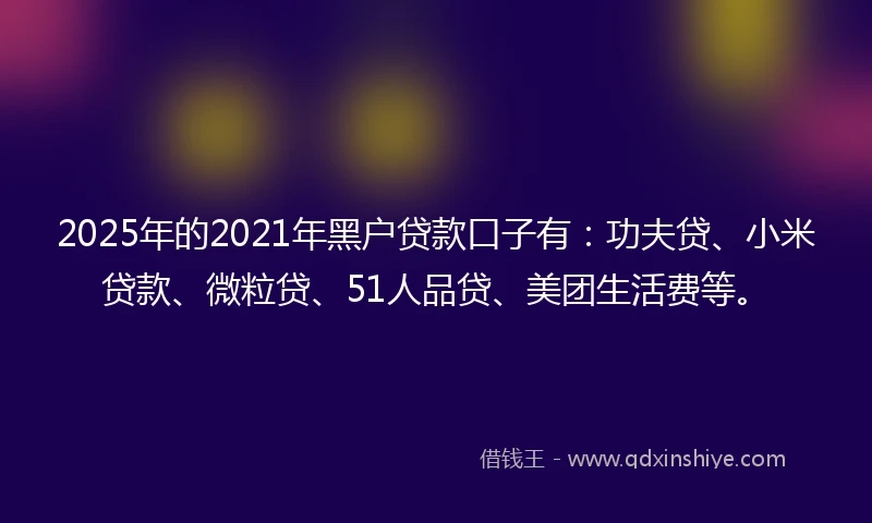 2025年的2021年黑户贷款口子有：功夫贷、小米贷款、微粒贷、51人品贷、美团生活费等。