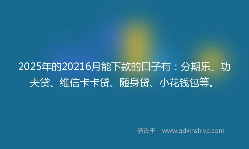 2025年的20216月能下款的口子有：分期乐、功夫贷、维信卡卡贷、随身贷、小花钱包等。