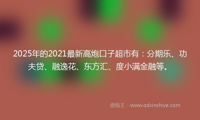 2025年的2021最新高炮口子超市有：分期乐、功夫贷、融逸花、东方汇、度小满金融等。