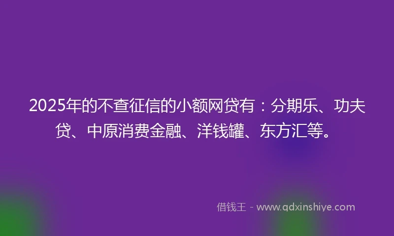 2025年的不查征信的小额网贷有：分期乐、功夫贷、中原消费金融、洋钱罐、东方汇等。