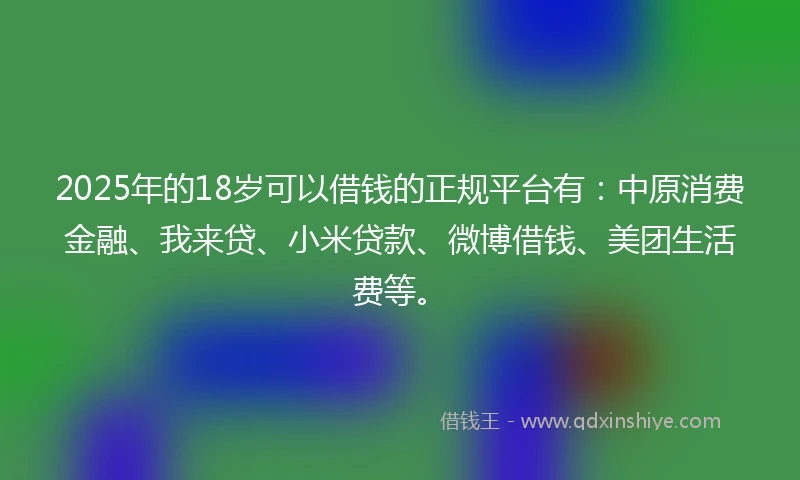2025年的18岁可以借钱的正规平台有：中原消费金融、我来贷、小米贷款、微博借钱、美团生活费等。