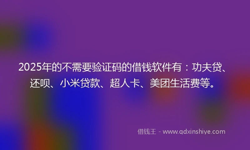 2025年的不需要验证码的借钱软件有：功夫贷、还呗、小米贷款、超人卡、美团生活费等。