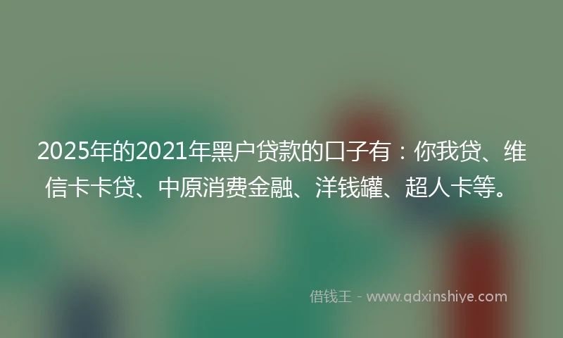 2025年的2021年黑户贷款的口子有：你我贷、维信卡卡贷、中原消费金融、洋钱罐、超人卡等。