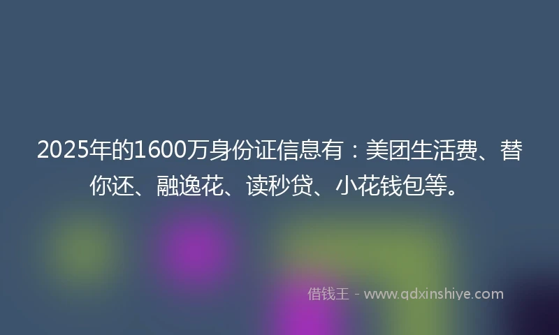 2025年的1600万身份证信息有：美团生活费、替你还、融逸花、读秒贷、小花钱包等。
