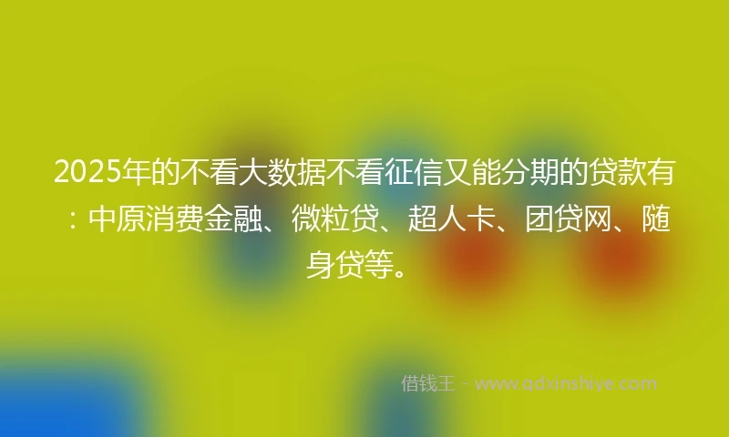 2025年的不看大数据不看征信又能分期的贷款有：中原消费金融、微粒贷、超人卡、团贷网、随身贷等。
