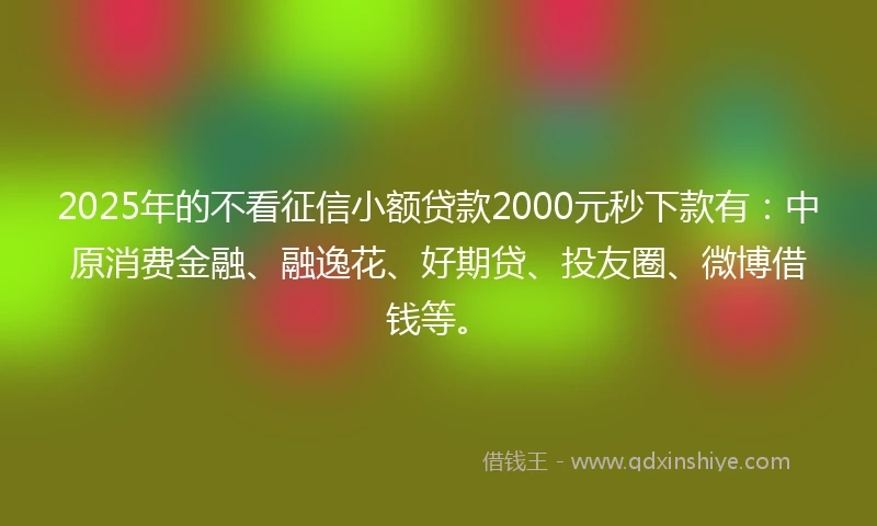 2025年的不看征信小额贷款2000元秒下款有：中原消费金融、融逸花、好期贷、投友圈、微博借钱等。