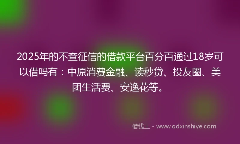 2025年的不查征信的借款平台百分百通过18岁可以借吗有：中原消费金融、读秒贷、投友圈、美团生活费、安逸花等。