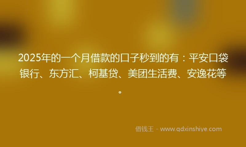 2025年的一个月借款的口子秒到的有：平安口袋银行、东方汇、柯基贷、美团生活费、安逸花等。