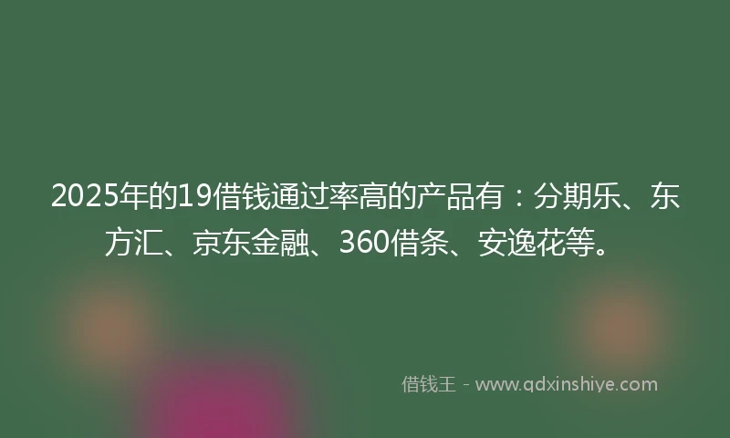 2025年的19借钱通过率高的产品有：分期乐、东方汇、京东金融、360借条、安逸花等。
