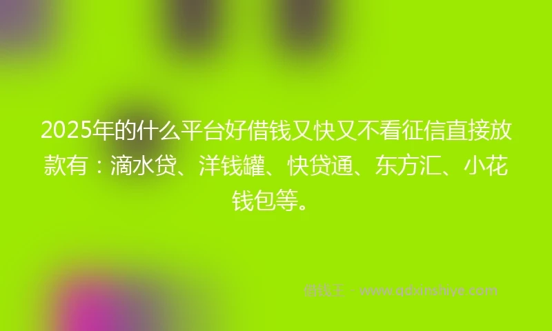2025年的什么平台好借钱又快又不看征信直接放款有：滴水贷、洋钱罐、快贷通、东方汇、小花钱包等。