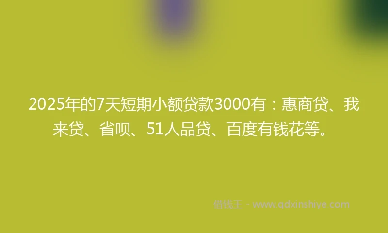 2025年的7天短期小额贷款3000有：惠商贷、我来贷、省呗、51人品贷、百度有钱花等。