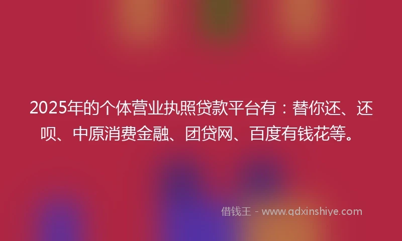 2025年的个体营业执照贷款平台有：替你还、还呗、中原消费金融、团贷网、百度有钱花等。