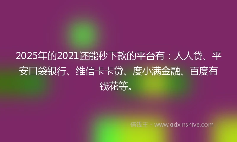 2025年的2021还能秒下款的平台有：人人贷、平安口袋银行、维信卡卡贷、度小满金融、百度有钱花等。