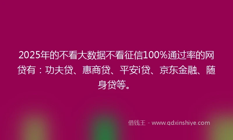 2025年的不看大数据不看征信100%通过率的网贷有：功夫贷、惠商贷、平安i贷、京东金融、随身贷等。