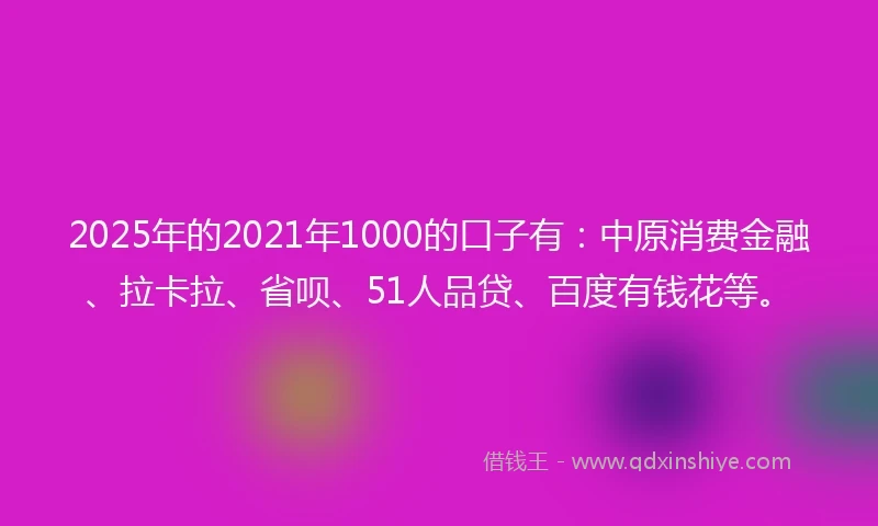 2025年的2021年1000的口子有：中原消费金融、拉卡拉、省呗、51人品贷、百度有钱花等。