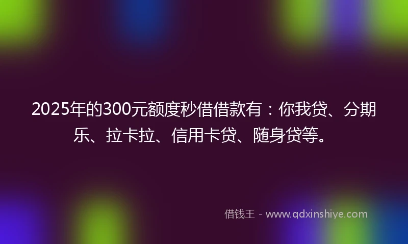 2025年的300元额度秒借借款有：你我贷、分期乐、拉卡拉、信用卡贷、随身贷等。