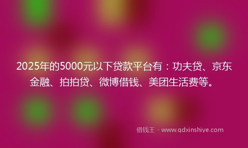 2025年的5000元以下贷款平台有：功夫贷、京东金融、拍拍贷、微博借钱、美团生活费等。