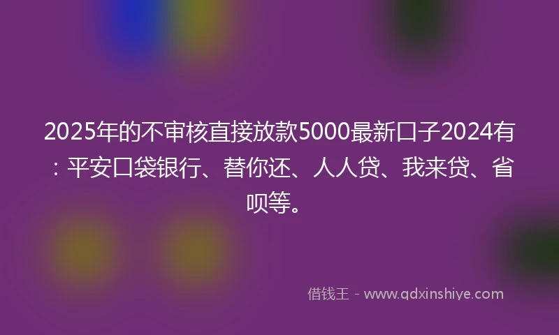 2025年的不审核直接放款5000最新口子2024有：平安口袋银行、替你还、人人贷、我来贷、省呗等。