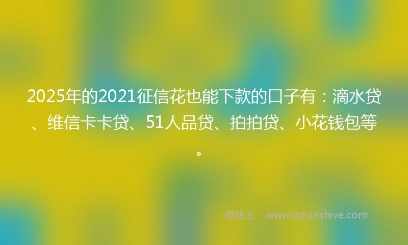 2025年的2021征信花也能下款的口子有：滴水贷、维信卡卡贷、51人品贷、拍拍贷、小花钱包等。