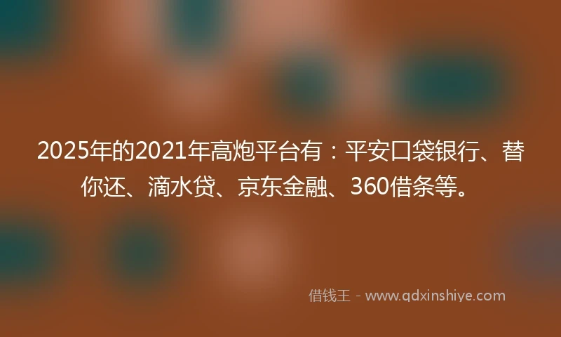 2025年的2021年高炮平台有：平安口袋银行、替你还、滴水贷、京东金融、360借条等。