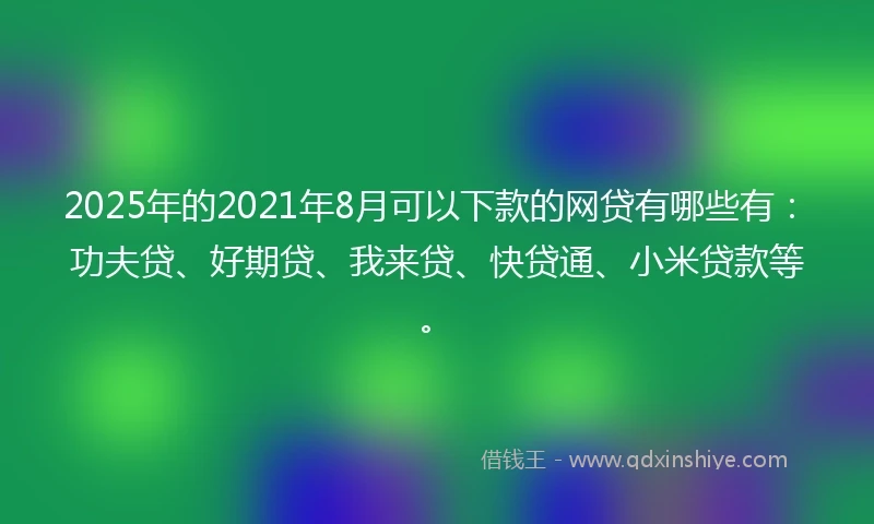 2025年的2021年8月可以下款的网贷有哪些有：功夫贷、好期贷、我来贷、快贷通、小米贷款等。