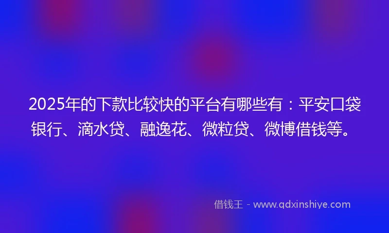 2025年的下款比较快的平台有哪些有：平安口袋银行、滴水贷、融逸花、微粒贷、微博借钱等。