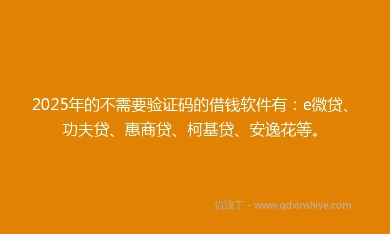 2025年的不需要验证码的借钱软件有：e微贷、功夫贷、惠商贷、柯基贷、安逸花等。