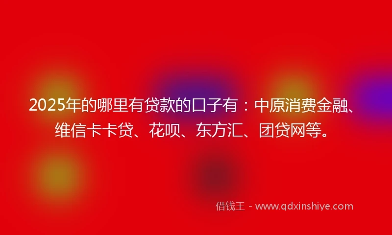 2025年的哪里有贷款的口子有：中原消费金融、维信卡卡贷、花呗、东方汇、团贷网等。