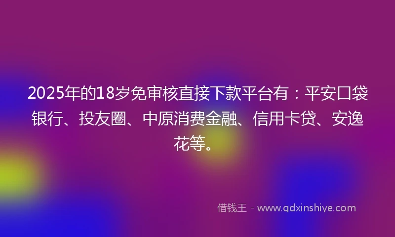2025年的18岁免审核直接下款平台有：平安口袋银行、投友圈、中原消费金融、信用卡贷、安逸花等。