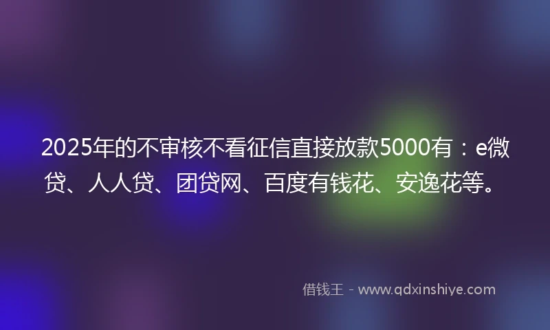 2025年的不审核不看征信直接放款5000有：e微贷、人人贷、团贷网、百度有钱花、安逸花等。