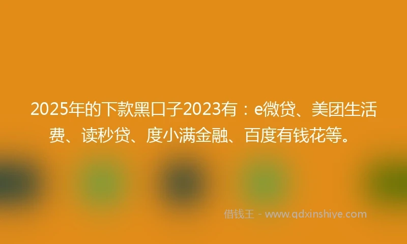 2025年的下款黑口子2023有：e微贷、美团生活费、读秒贷、度小满金融、百度有钱花等。