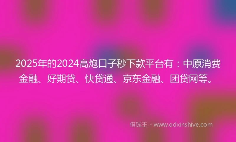 2025年的2024高炮口子秒下款平台有：中原消费金融、好期贷、快贷通、京东金融、团贷网等。