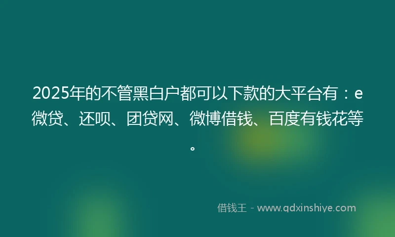 2025年的不管黑白户都可以下款的大平台有：e微贷、还呗、团贷网、微博借钱、百度有钱花等。