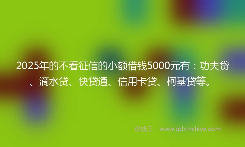 2025年的不看征信的小额借钱5000元有：功夫贷、滴水贷、快贷通、信用卡贷、柯基贷等。