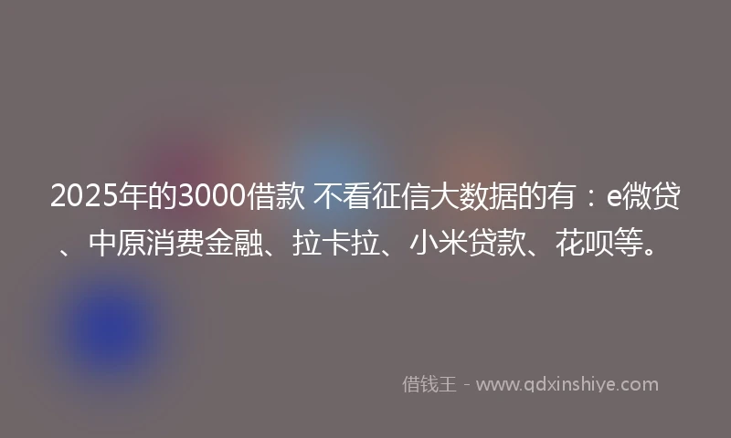 2025年的3000借款 不看征信大数据的有：e微贷、中原消费金融、拉卡拉、小米贷款、花呗等。