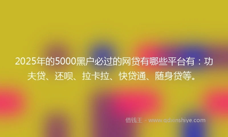2025年的5000黑户必过的网贷有哪些平台有：功夫贷、还呗、拉卡拉、快贷通、随身贷等。