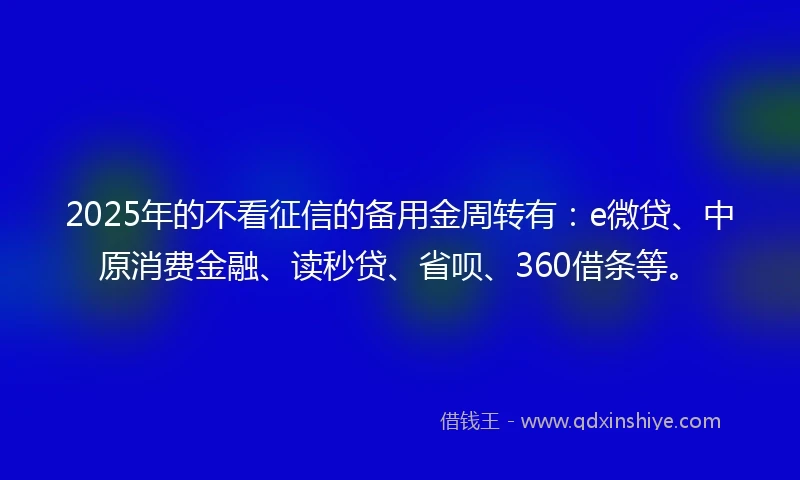 2025年的不看征信的备用金周转有：e微贷、中原消费金融、读秒贷、省呗、360借条等。