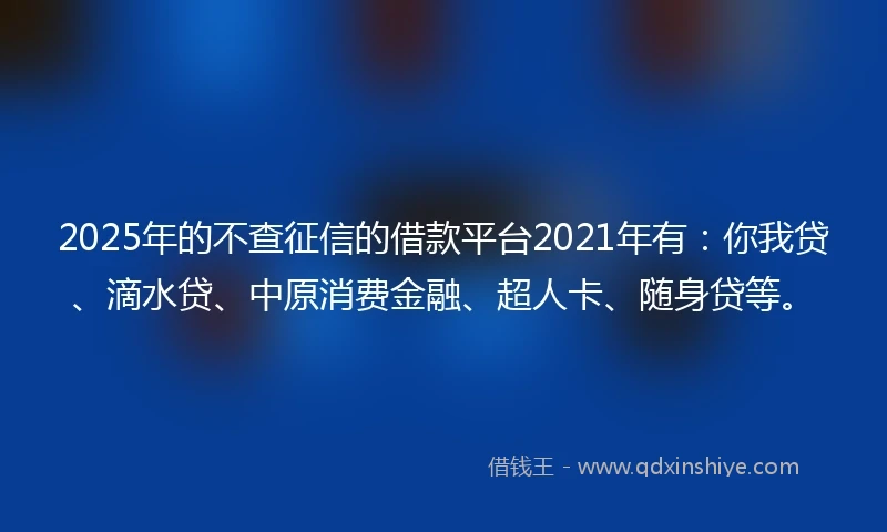 2025年的不查征信的借款平台2021年有：你我贷、滴水贷、中原消费金融、超人卡、随身贷等。