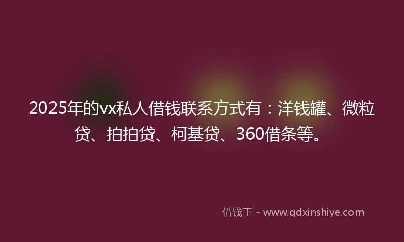 2025年的vx私人借钱联系方式有：洋钱罐、微粒贷、拍拍贷、柯基贷、360借条等。