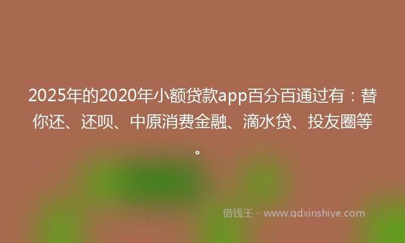 2025年的2020年小额贷款app百分百通过有：替你还、还呗、中原消费金融、滴水贷、投友圈等。