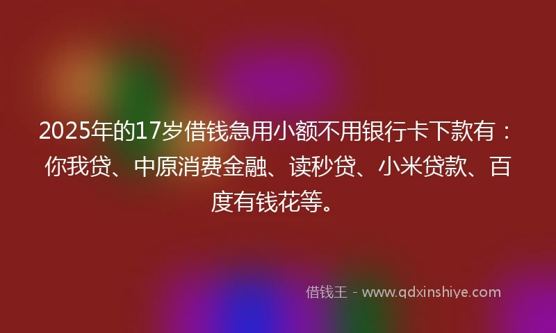 2025年的17岁借钱急用小额不用银行卡下款有：你我贷、中原消费金融、读秒贷、小米贷款、百度有钱花等。
