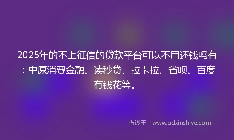 2025年的不上征信的贷款平台可以不用还钱吗有：中原消费金融、读秒贷、拉卡拉、省呗、百度有钱花等。